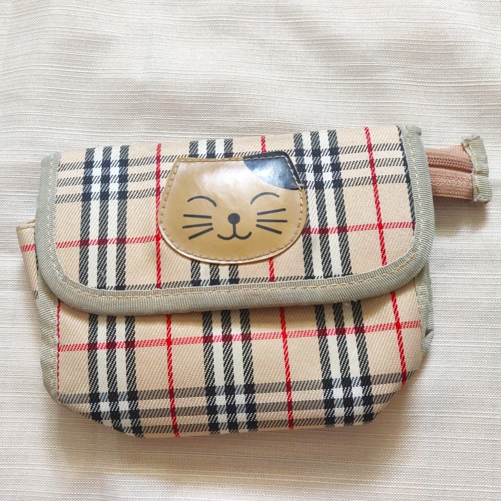 Cute Cat Zipper Pouch Everything Bag with Mirror Plaid Tan